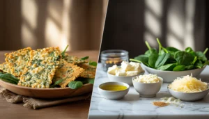 Healthy Mediterranean Spinach and Feta Cheese Crisps served on a wooden board with lemon slices