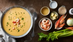 Seafood bisque served in a white bowl with visible pieces of shrimp and crab