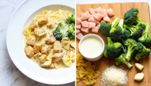 Chicken and broccoli Alfredo casserole with herbs and light cream sauce