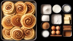 Stack of golden pancakes with cinnamon swirl and melting cream cheese glaze