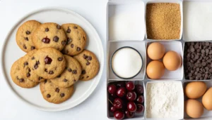 Baking tray with freshly baked cherry and chocolate chip cookies