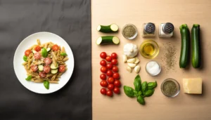 Healthy pasta dish with sliced zucchini and roasted tomatoes on a rustic plate