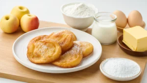 Close-up of apple fritters cooking in a non-stick skillet with cinnamon sprinkles