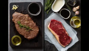 Sliced grilled steak served with rosemary and garlic marinade drizzle