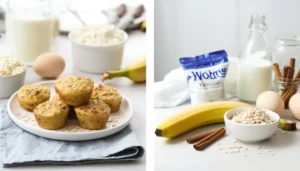 Golden baked mini pancake bites in a muffin tin, made with banana and oats