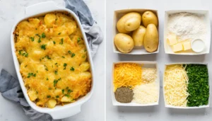 Baked potato casserole with gooey cheese and garlic seasoning