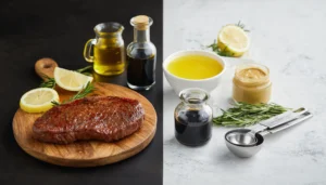Marinated steaks on a cutting board with visible herbs and marinade glaze