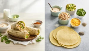 Sliced chicken avocado ranch burrito with melted cheese and golden tortilla
