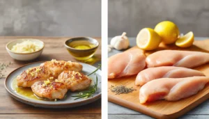 Sizzling lemon garlic chicken in a skillet with herbs and pan sauce