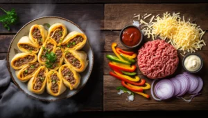 Philly cheesesteak roll ups cut in halves showing melted cheese and steak