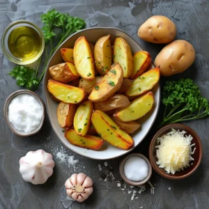 Rustic-style Baked Garlic Parmesan Potato Wedges with garlic-Parmesan coating and fresh parsley