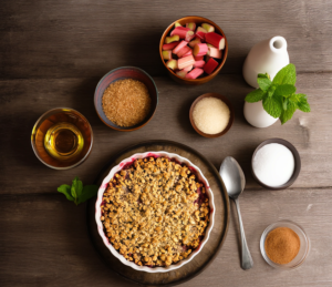Golden brown rhubarb crisp in a baking dish with bubbling fruit and crumbly topping