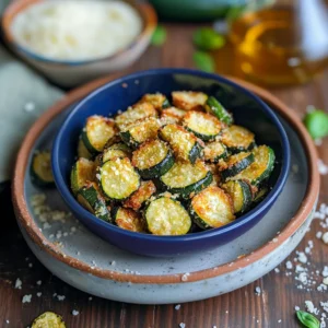 Air fryer zucchini chips with a golden Parmesan coating served on a plate