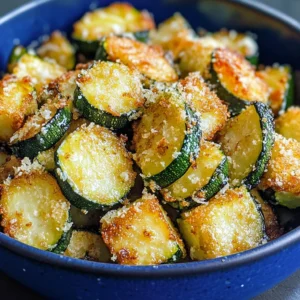 Golden-brown air fryer zucchini slices coated with Parmesan cheese