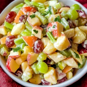 Apple salad with dried cranberries, pecans, and leafy greens on a white plate