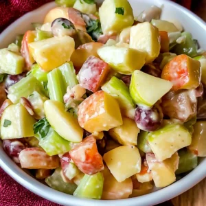 Close-up of apple salad with creamy dressing, celery, and raisins