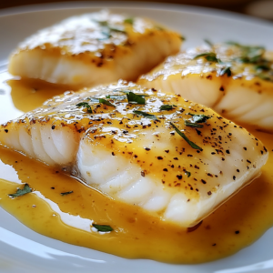 Golden-baked cod fillets in a creamy mustard-lemon sauce served with a wedge of lemon