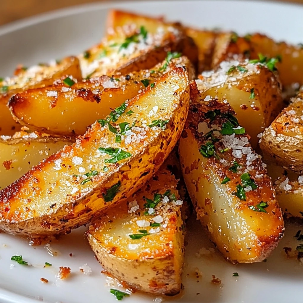 Close-up of golden Baked Garlic Parmesan Potato Wedges, herbs, and melted Parmesan
