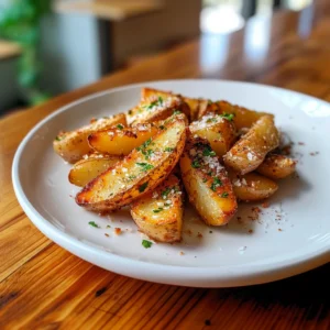 Rustic-style baked potato wedges with garlic-Parmesan coating and fresh parsley