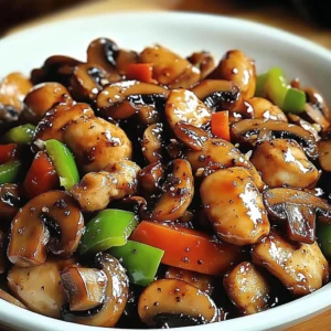 Golden brown chicken bites coated in black pepper sauce with colorful vegetables