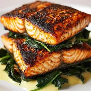 Sliced blackened salmon showing spinach parmesan stuffing inside