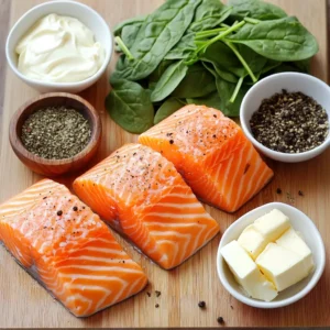 Golden blackened salmon fillet cut open to reveal creamy spinach filling