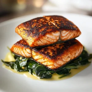 Blackened salmon fillet stuffed with spinach and parmesan on a white plate