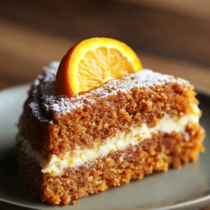A slice of moist carrot and orange cake with a hint of orange zest on top