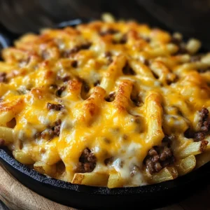 Serving of cheesy French fry casserole with beef and ketchup drizzle
