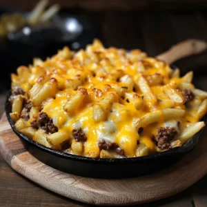 Casserole dish filled with beef, cheese, and fries baked until golden brown