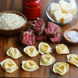 Cheesesteak tortellini coated in rich provolone cream sauce with peppers and onions