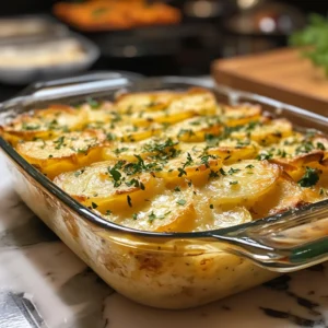 Scoop of cheesy garlic potato bake topped with herbs