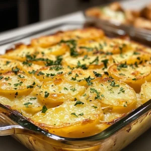 Golden cheesy garlic potato casserole fresh from the oven