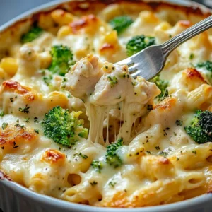 Close-up of chicken and broccoli Alfredo bake with crispy golden cheese on top