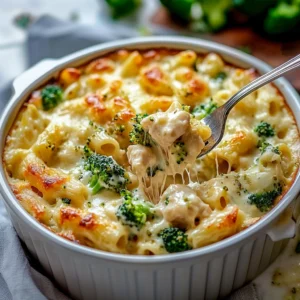 Chicken & Broccoli Alfredo Bake with golden cheese topping