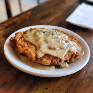 Chicken fried steak with crunchy breading topped with creamy white gravy