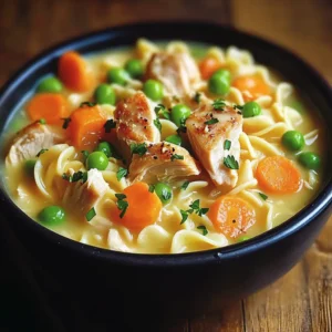 One-skillet chicken pot pie noodles topped with fresh herbs and creamy sauce