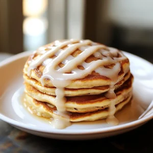 Stack of cinnamon roll pancakes with cream cheese drizzle and cinnamon swirl