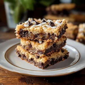 A tray of freshly baked cookie bars topped with toffee bits and coconut