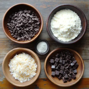 Golden cookie bars with melted chocolate, toffee bits, and shredded coconut on a plate