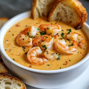 Bowl of creamy seafood bisque garnished with herbs and chunks of crab and shrimp