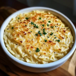 Orzo pasta coated in creamy garlic-Parmesan sauce on a spoon