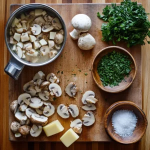 Close-up of homemade creamy mushroom soup with garlic and parsley