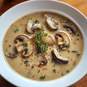 Bowl of creamy mushroom soup garnished with fresh herbs