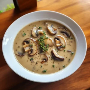 Creamy mushroom soup in white bowl with crusty bread on the side