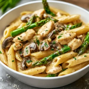 Close-up of creamy chicken penne pasta with mushrooms and asparagus