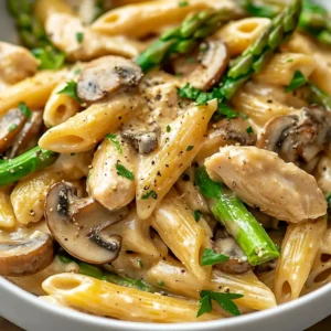 Plate of creamy penne pasta with chicken, asparagus, and mushrooms