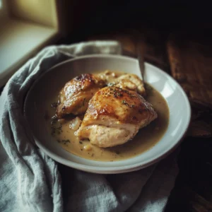 Shredded crockpot chicken served in a bowl with herbs and broth