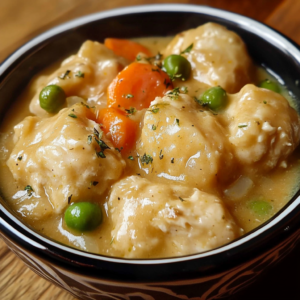 A bowl of creamy chicken and dumplings made in a slow cooker with soft, fluffy dumplings