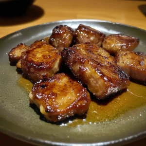 Juicy pork chops glazed with brown sugar and herbs on a plate